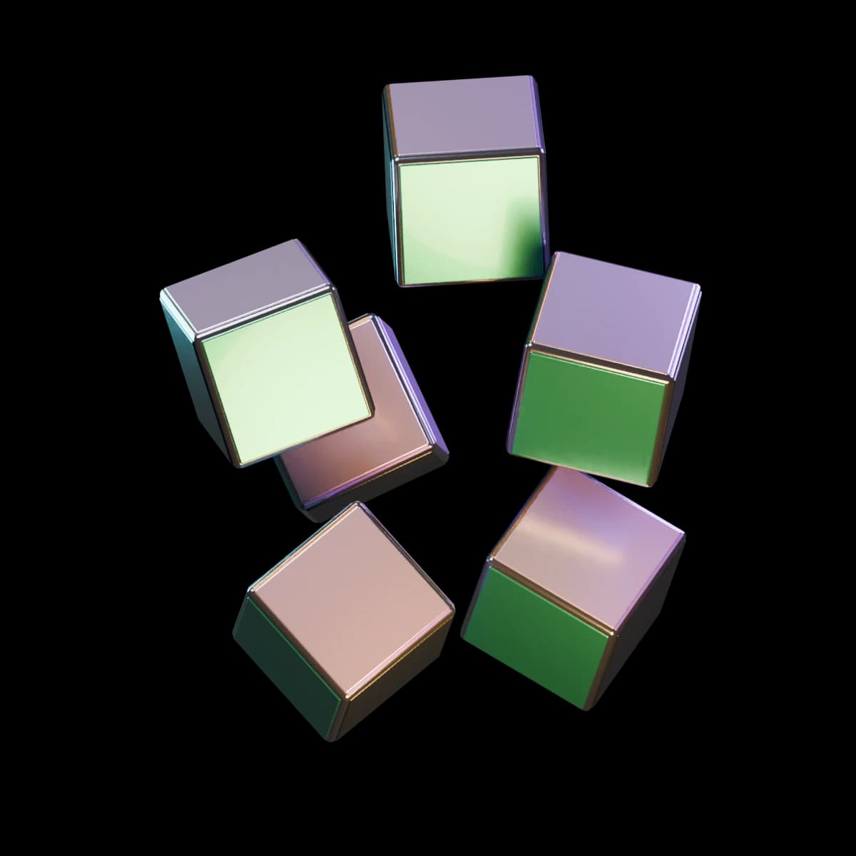 Six floating metallic cubes with lilac and iridescent reflections